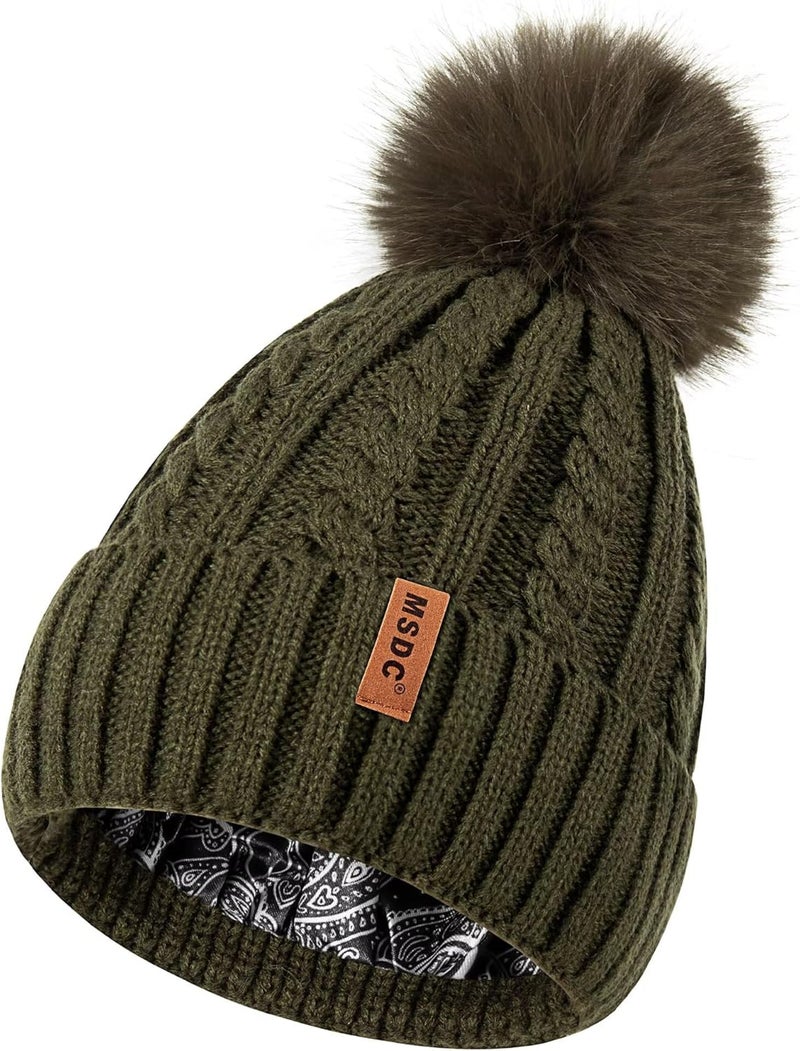 MSDC Satin Lined Beanie for Women with Pom Pom, Warm Womens Winter Hats with Silk Lined, Fashionable Knit Beanie Skull Cap - Image 1